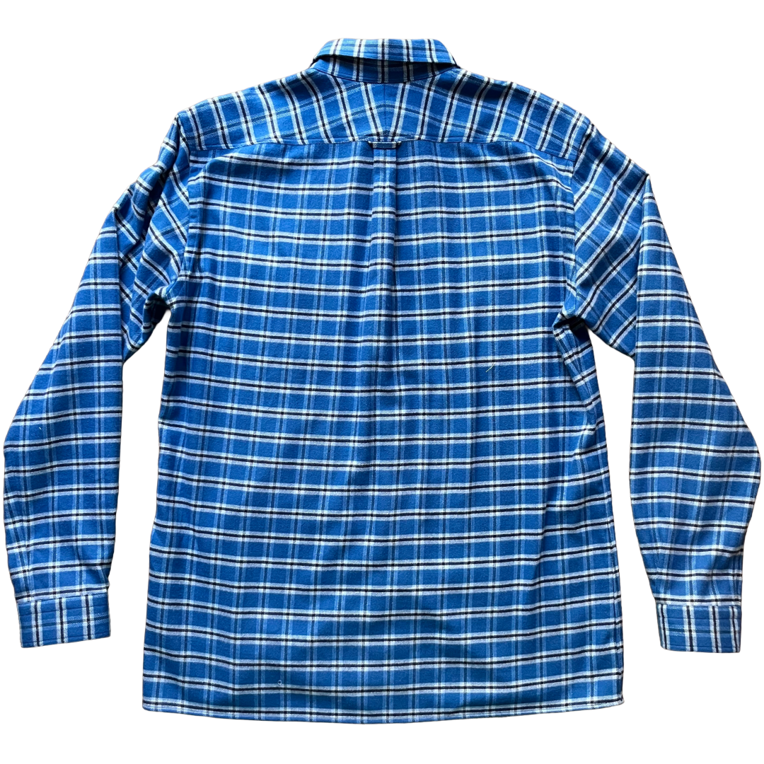 A blue and white check long-sleeve button-up shirt shown from the back, laid flat 