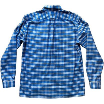 A blue and white check long-sleeve button-up shirt shown from the back, laid flat 