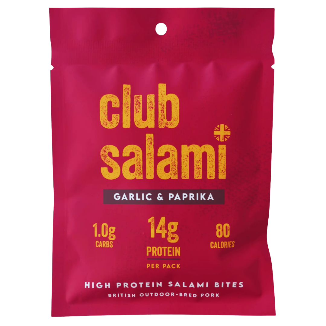 Club Salami Garlic & Paprika high protein salami bites in a bright magenta-red resealable pouch with yellow and white text, on a plain white background.