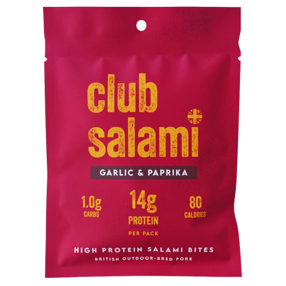 Club Salami Garlic & Paprika high protein salami bites in a bright magenta-red resealable pouch with yellow and white text, on a plain white background.