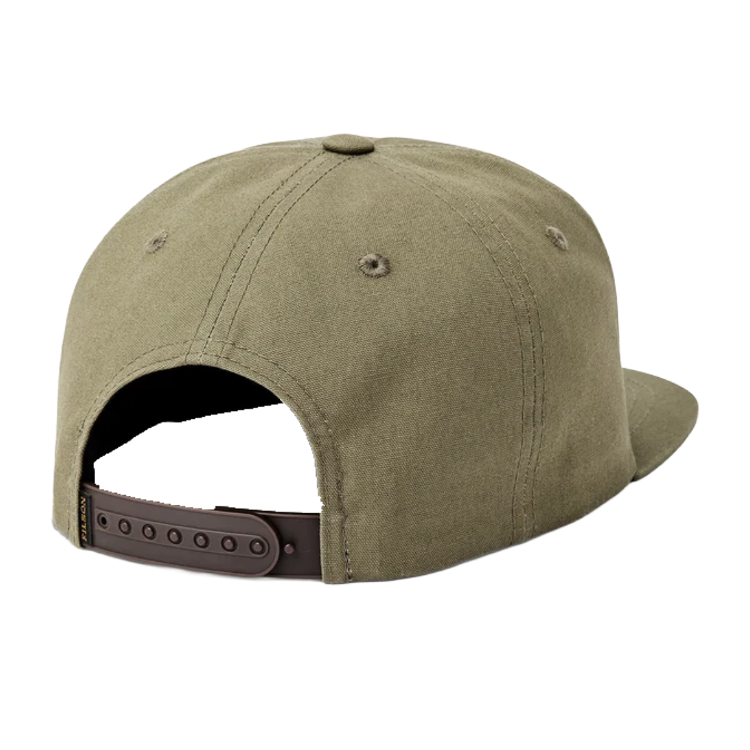 Rear view of an olive green snapback cap with a dark brown adjustable strap on a plain white background.