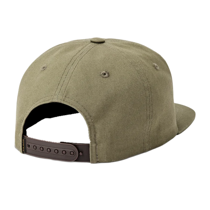 Rear view of an olive green snapback cap with a dark brown adjustable strap on a plain white background.