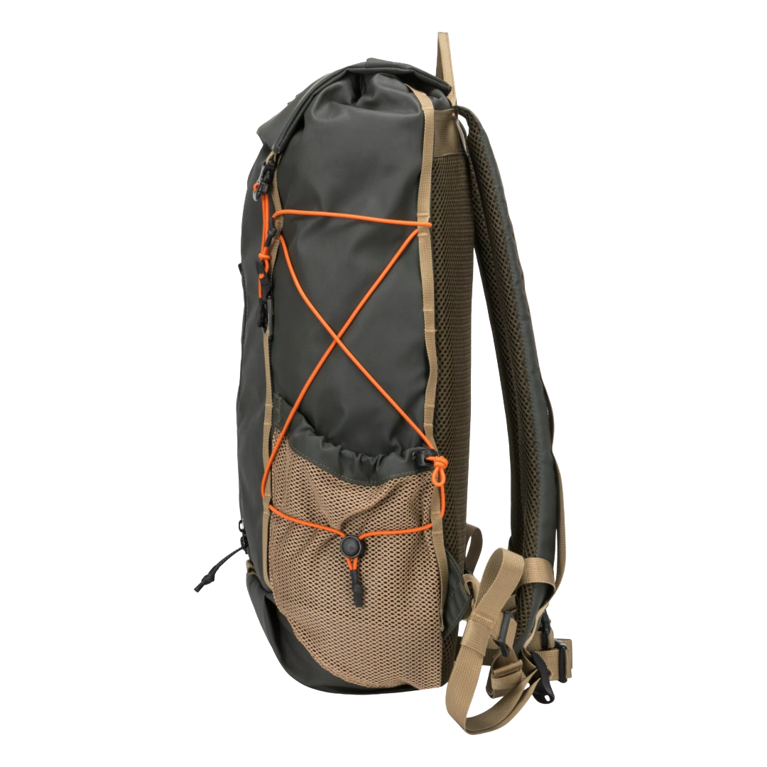 A tactical backpack shown from the side profile on a solid white background. The backpack features a dark gray upper section, a tan lower mesh pocket with orange bungee cords, and a tan shoulder strap.