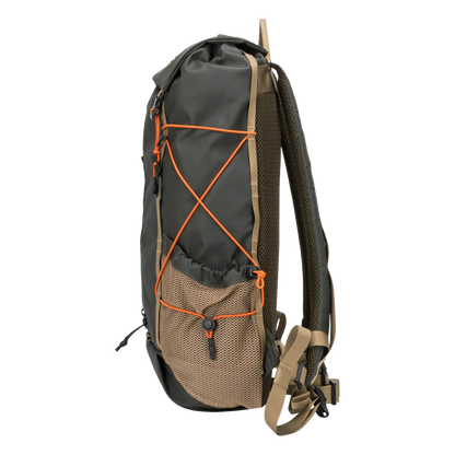 A tactical backpack shown from the side profile on a solid white background. The backpack features a dark gray upper section, a tan lower mesh pocket with orange bungee cords, and a tan shoulder strap.