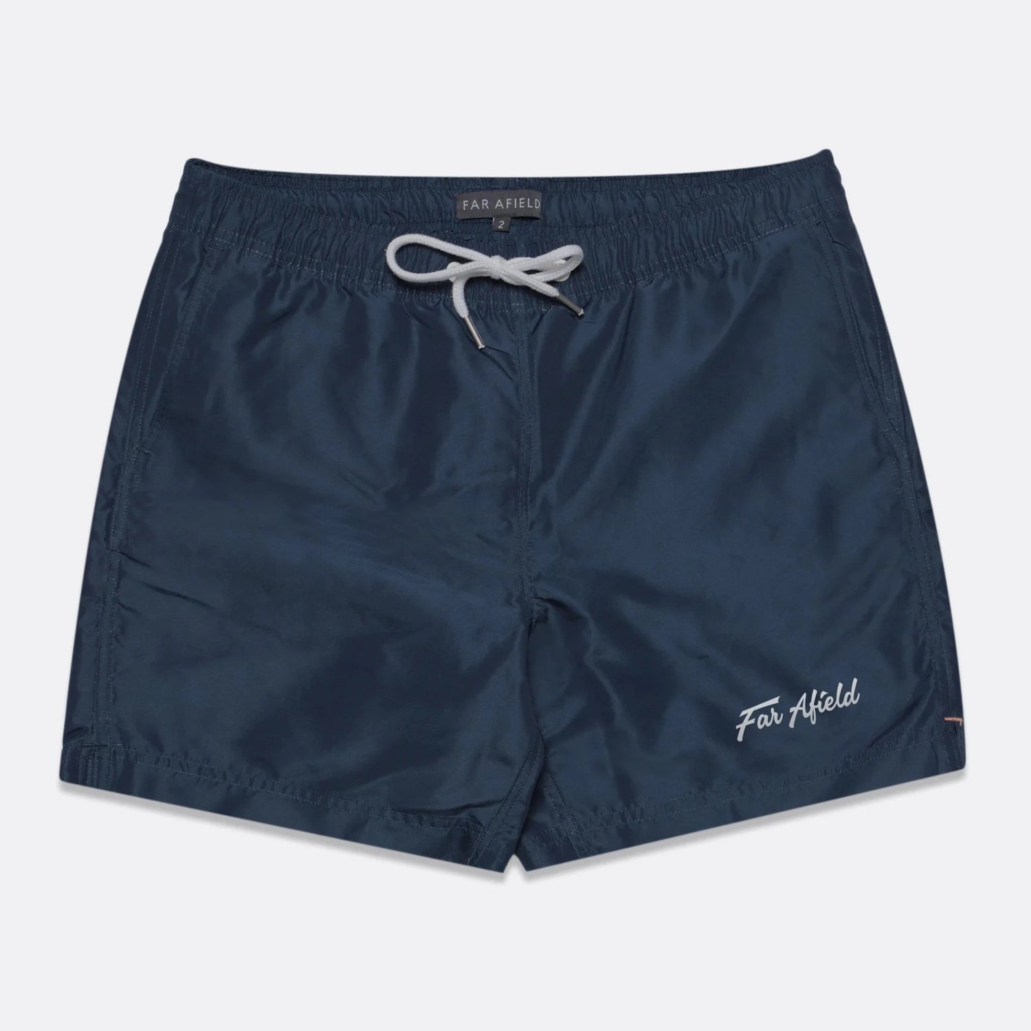 Navy swim short with logo printed on hem 