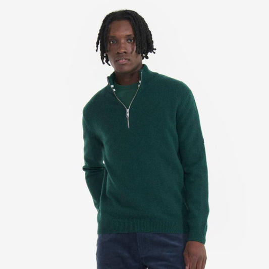 quarter zip in green with ribbed cuffs and collar