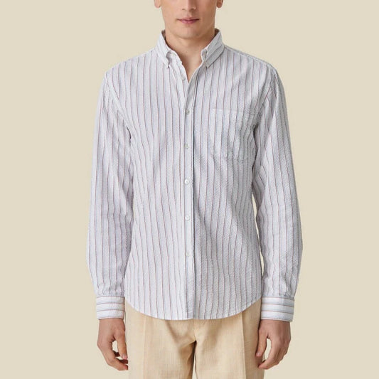 Long sleeve multi stripe cotton shirt with crinkle finish.