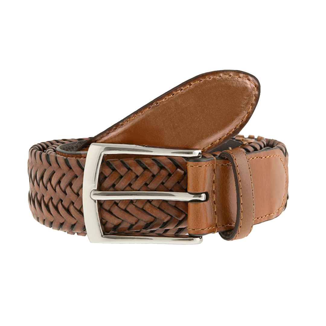 A brown leather belt with a braided woven texture on the front and smooth leather on the inside, featuring a polished silver-tone metal buckle.