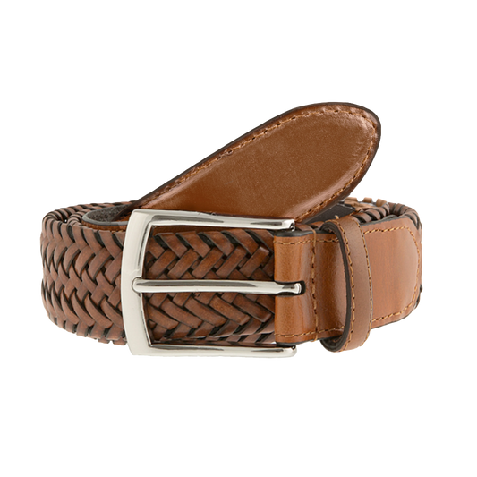 A brown leather belt with a braided woven texture on the front and smooth leather on the inside, featuring a polished silver-tone metal buckle.