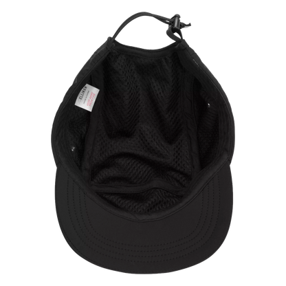 Black baseball cap viewed from the inside, showing the black mesh interior lining, adjustable strap, and a small white brand tag on the left side.