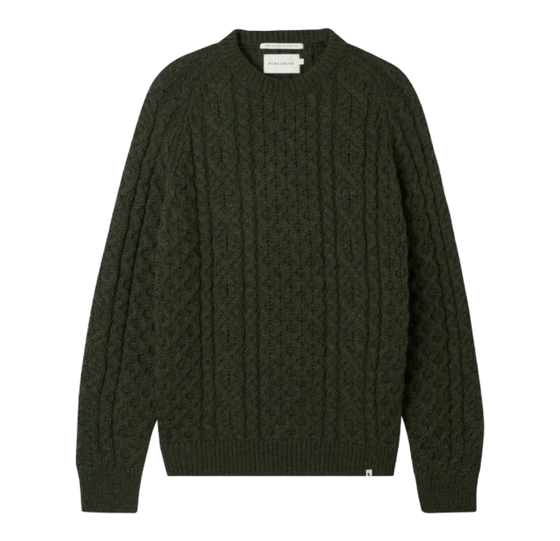An olive green cable-knit crewneck sweater from the brand Barbour, shown flat against a solid white background.