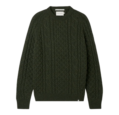 An olive green cable-knit crewneck sweater from the brand Barbour, shown flat against a solid white background.