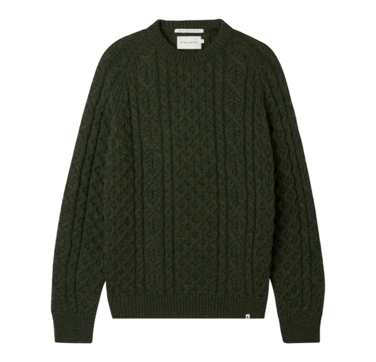 An olive green cable-knit crewneck sweater from the brand Barbour, shown flat against a solid white background.