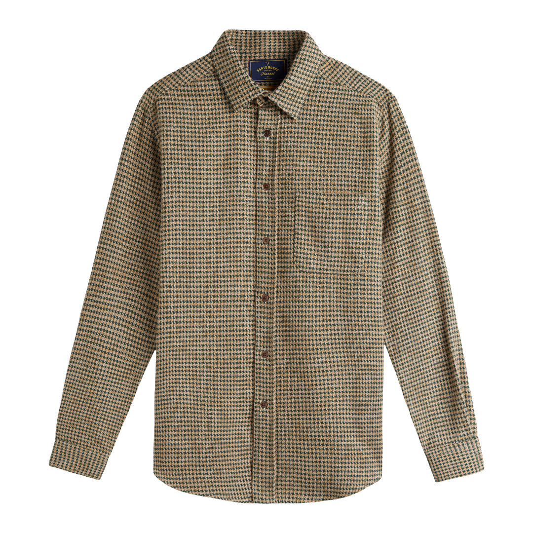 A long-sleeve button-up shirt with a fine brown and beige houndstooth pattern, featuring a classic collar, chest pocket, and button-down front.