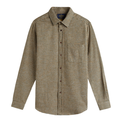A long-sleeve button-up shirt with a fine brown and beige houndstooth pattern, featuring a classic collar, chest pocket, and button-down front.