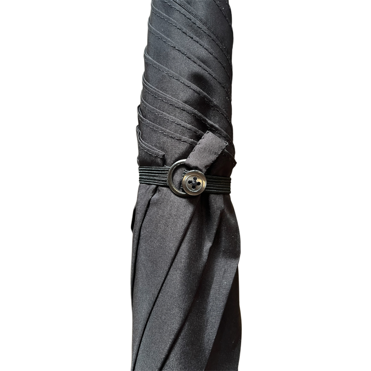 A close-up of a dark gray folded umbrella showing its pleated fabric, a black elastic band, and a silver metal button closure against a plain white background.
