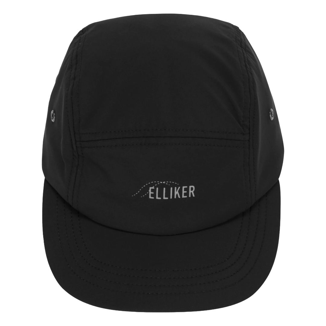 A black five-panel cap with a curved brim, featuring the brand name 'ELLIKER' embroidered in white on the front, set against a plain white background.