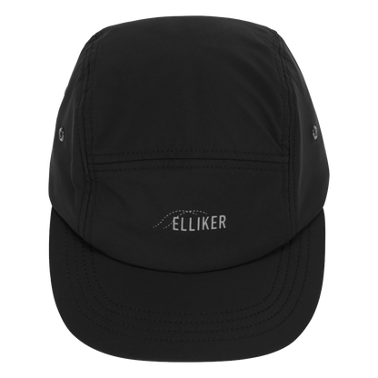 A black five-panel cap with a curved brim, featuring the brand name 'ELLIKER' embroidered in white on the front, set against a plain white background.