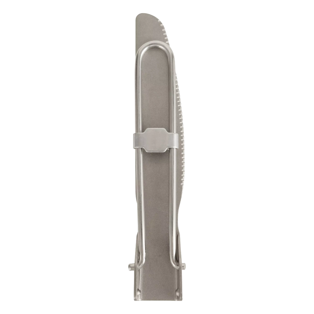A stainless steel eating knife shown vertically in its sheath, photographed against a solid white background.