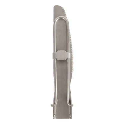 A stainless steel eating knife shown vertically in its sheath, photographed against a solid white background.