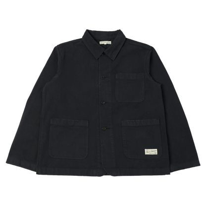 A charcoal canvas utility jacket with a pointed collar, button-up front, and four front patch pockets, laid flat against a white background.
