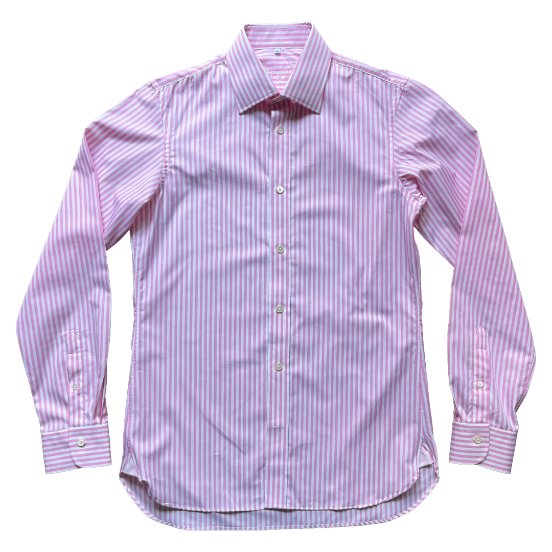 A long-sleeve button-up dress shirt with vertical pink and white stripes, laid flat against a white background.