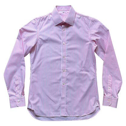 A long-sleeve button-up dress shirt with vertical pink and white stripes, laid flat against a white background.