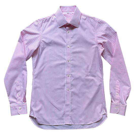A long-sleeve button-up dress shirt with vertical pink and white stripes, laid flat against a white background.