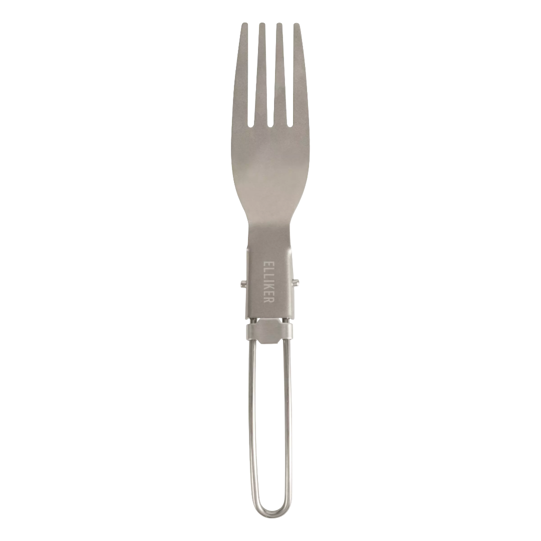 A stainless steel spork with an integrated clip handle, featuring the brand name 'ELLIKER' printed vertically on the neck, shown against a plain white background.