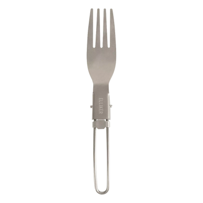 A stainless steel spork with an integrated clip handle, featuring the brand name 'ELLIKER' printed vertically on the neck, shown against a plain white background.