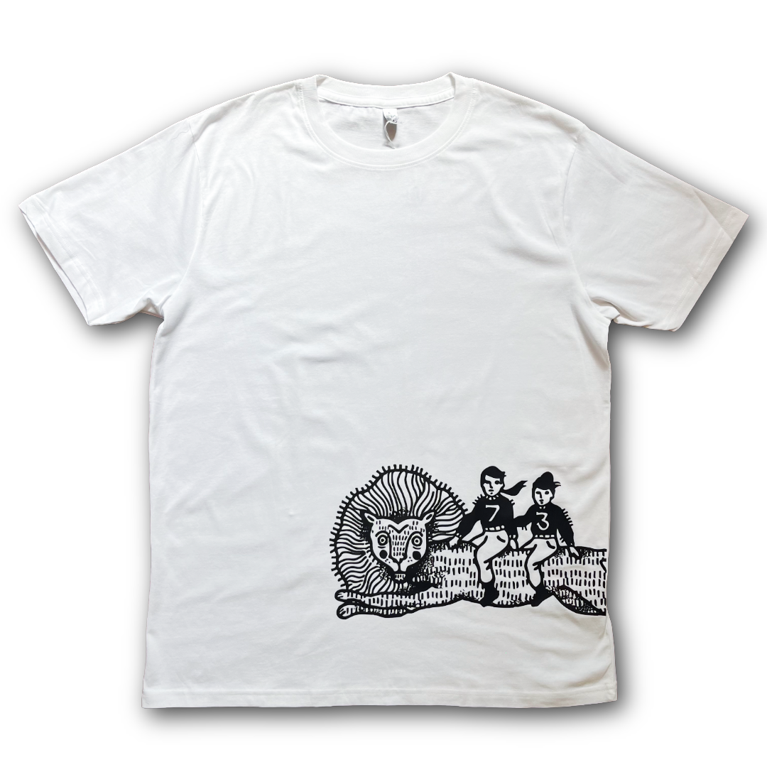 A white short-sleeve crewneck t-shirt featuring a black graphic print of a lion and two children on the lower front, displayed against a white background.