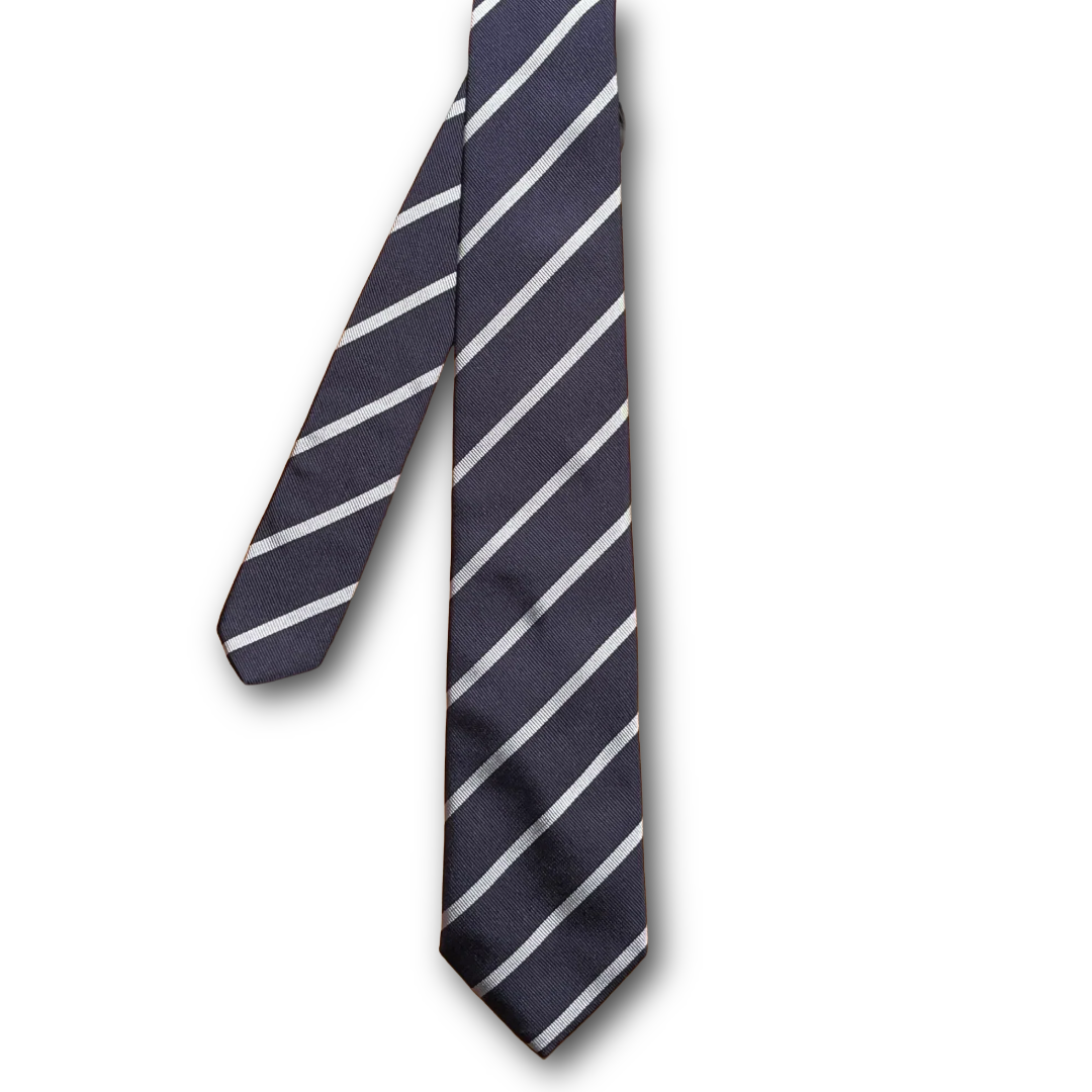 Regent - Woven Silk Striped Tie - Navy and Silver