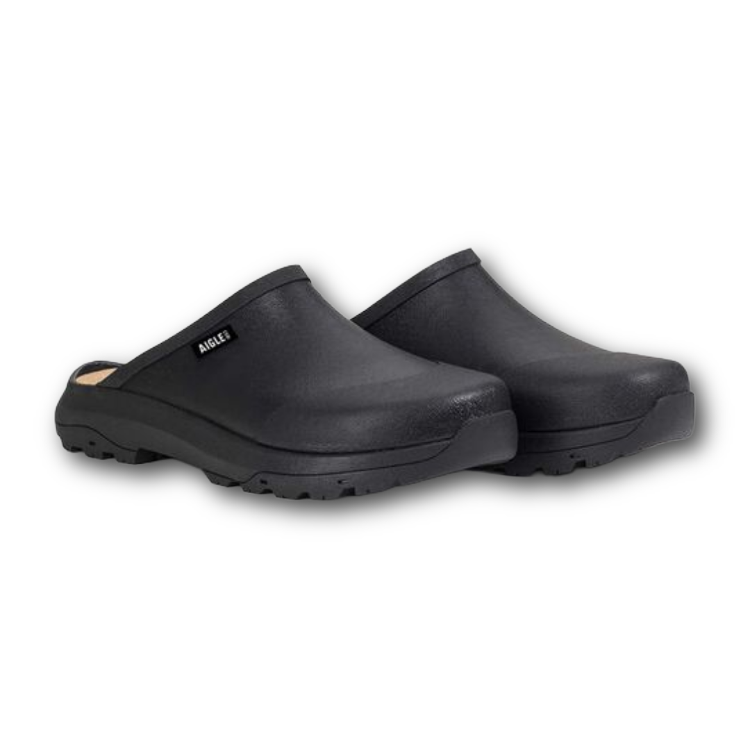 Front of Black Aigle comfortable closed toe clogs sold at Regent in Salisbury