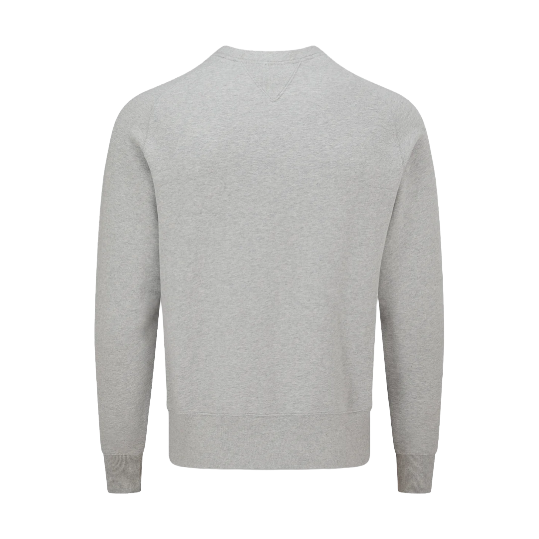 A light gray heather crewneck sweatshirt shown from the back, featuring long sleeves with ribbed cuffs and a ribbed hem, displayed on a solid white background.