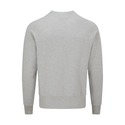 A light gray heather crewneck sweatshirt shown from the back, featuring long sleeves with ribbed cuffs and a ribbed hem, displayed on a solid white background.