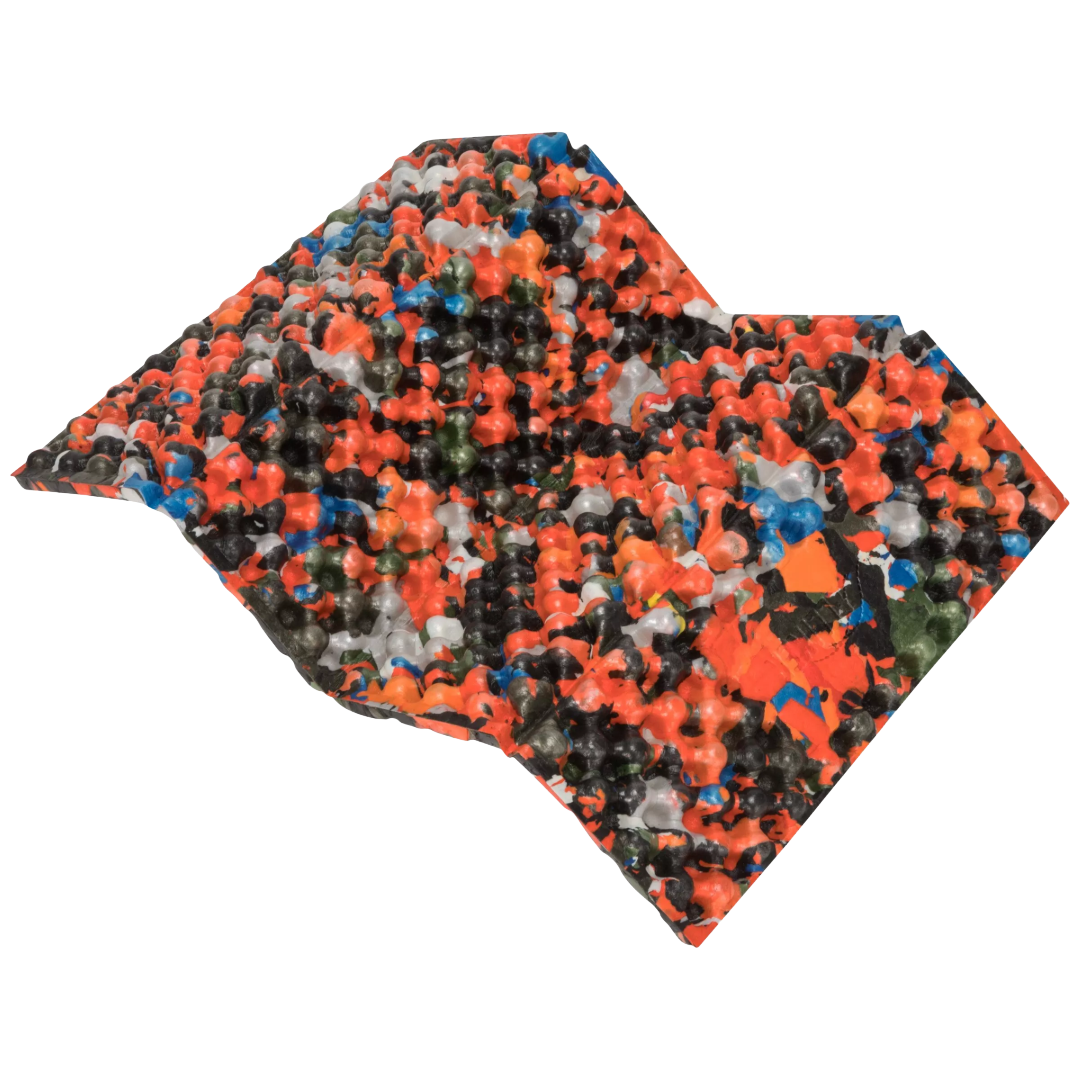A square scarf featuring a vibrant, multicolored abstract pattern of orange, black, blue, green, and white bubble-like shapes, isolated on a white background.