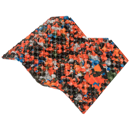A square scarf featuring a vibrant, multicolored abstract pattern of orange, black, blue, green, and white bubble-like shapes, isolated on a white background.