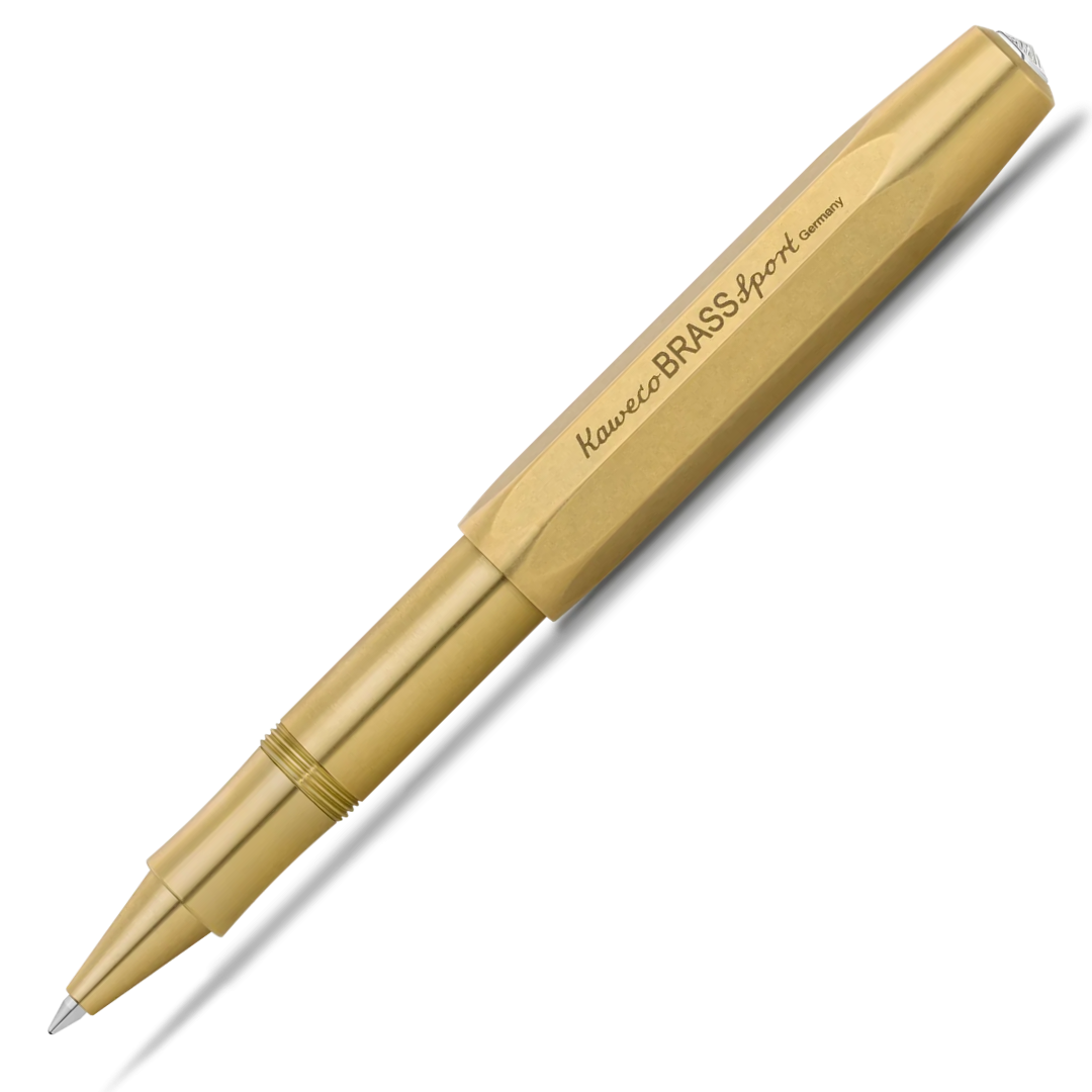 A metallic gold ballpoint pen with a faceted grip design, featuring the engraved text 'Kaneco BRASSsport Germany' on the barrel, shown against a plain white background with a soft shadow.
