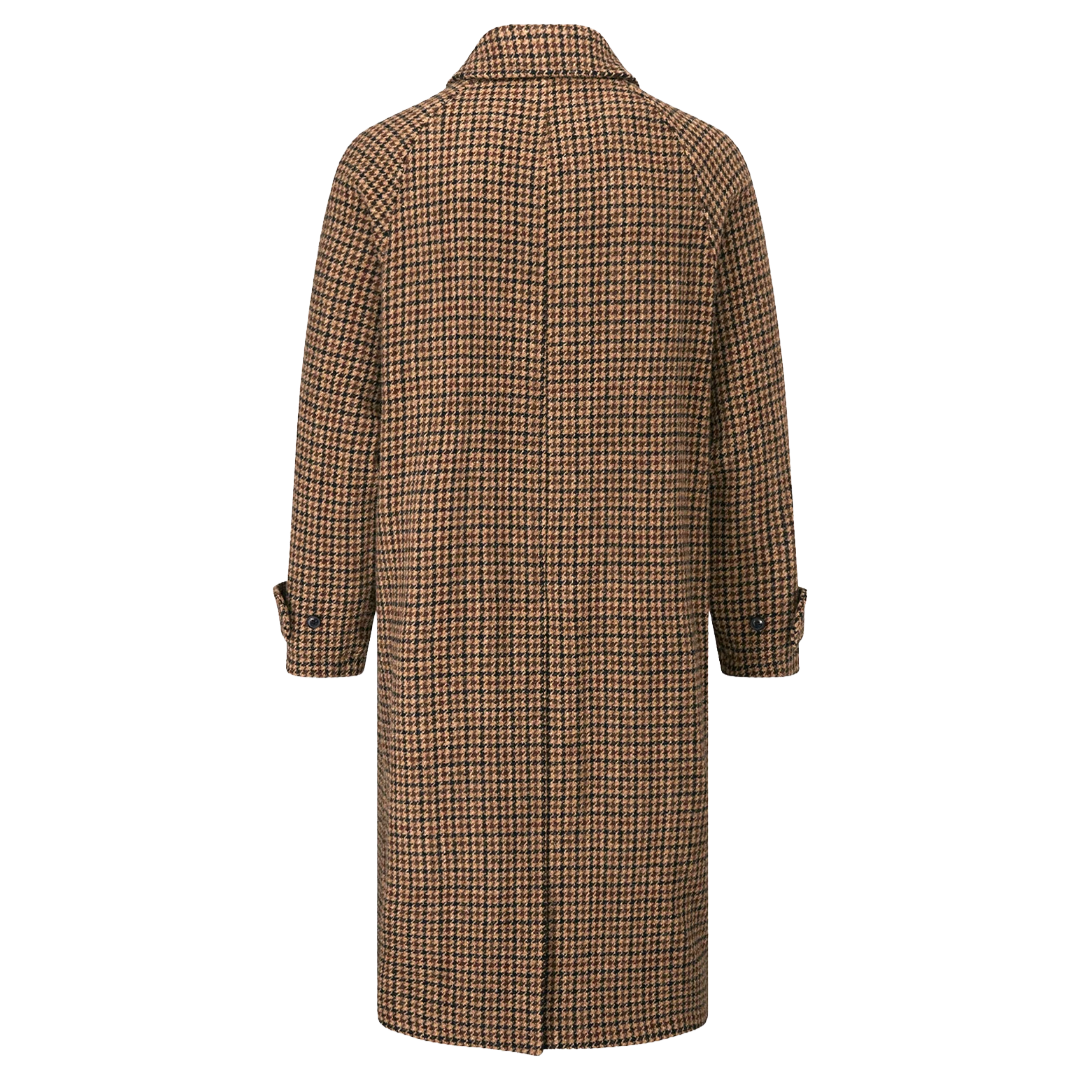 A long-line coat with a brown and beige houndstooth pattern, shown from the back against a plain white background.