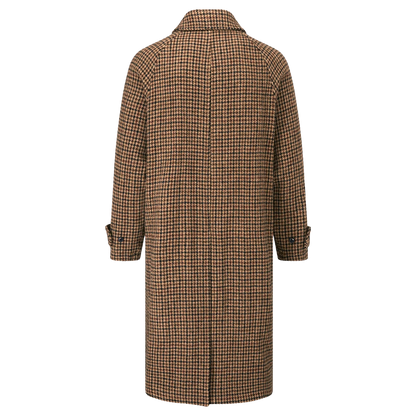 A long-line coat with a brown and beige houndstooth pattern, shown from the back against a plain white background.