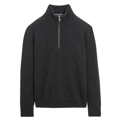 A dark charcoal gray half-zip knit sweater with a ribbed mock neck collar, long sleeves, and a ribbed hem, shown against a plain white background.
