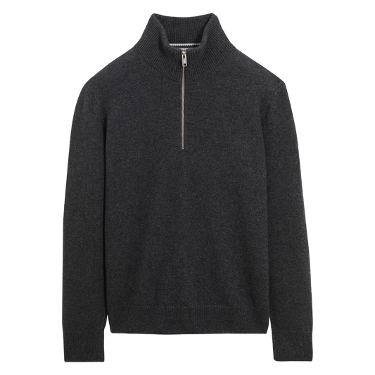 A dark charcoal gray half-zip knit sweater with a ribbed mock neck collar, long sleeves, and a ribbed hem, shown against a plain white background.