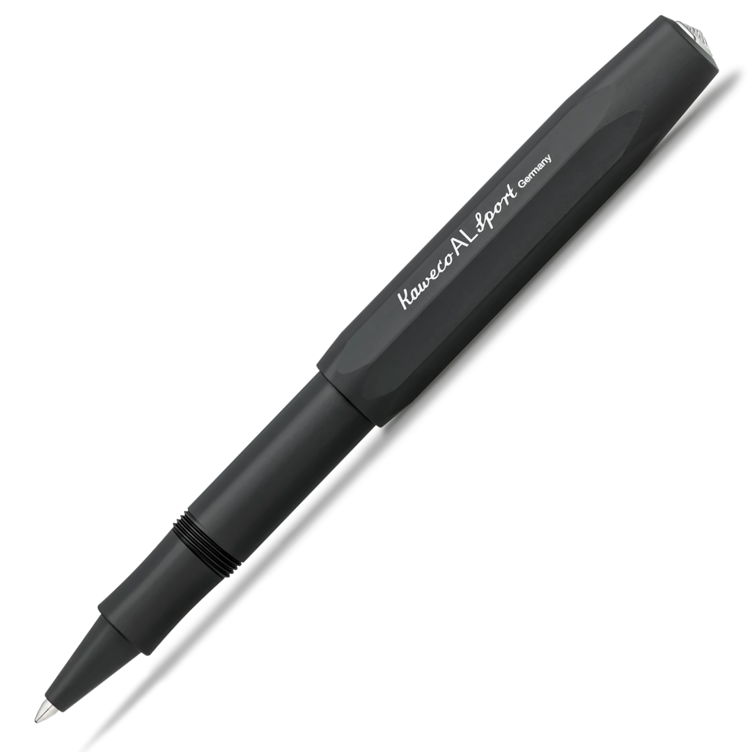 A black Kaweco AL Sport ballpoint pen with white branding text, shown diagonally on a clean white background.