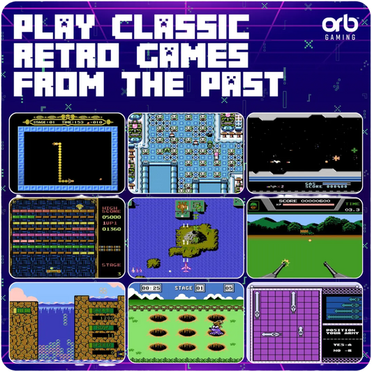 Promotional graphic for a retro gaming product featuring the text 'PLAY CLASSIC RETRO GAMES FROM THE PAST' in white pixel-style lettering on a purple background, surrounded by nine vintage video game screenshots. The Orb Gaming logo appears in the top right corner.