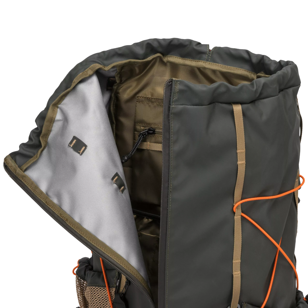 Close-up of the open interior of a dark gray backpack, showing a gray inner lining, olive green interior compartments, and bright orange bungee cords on a white background.