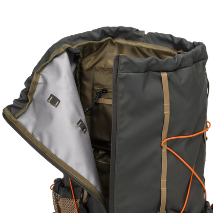 Close-up of the open interior of a dark gray backpack, showing a gray inner lining, olive green interior compartments, and bright orange bungee cords on a white background.