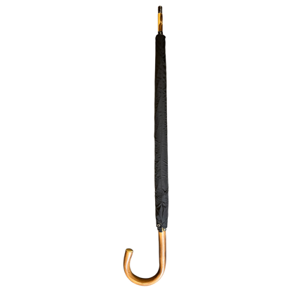 A classic J-shaped cane umbrella with a black fabric canopy and a curved wooden handle, shown vertically against a plain white background.