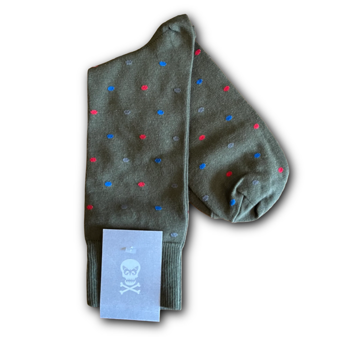 Green sock with red and blue polka dots