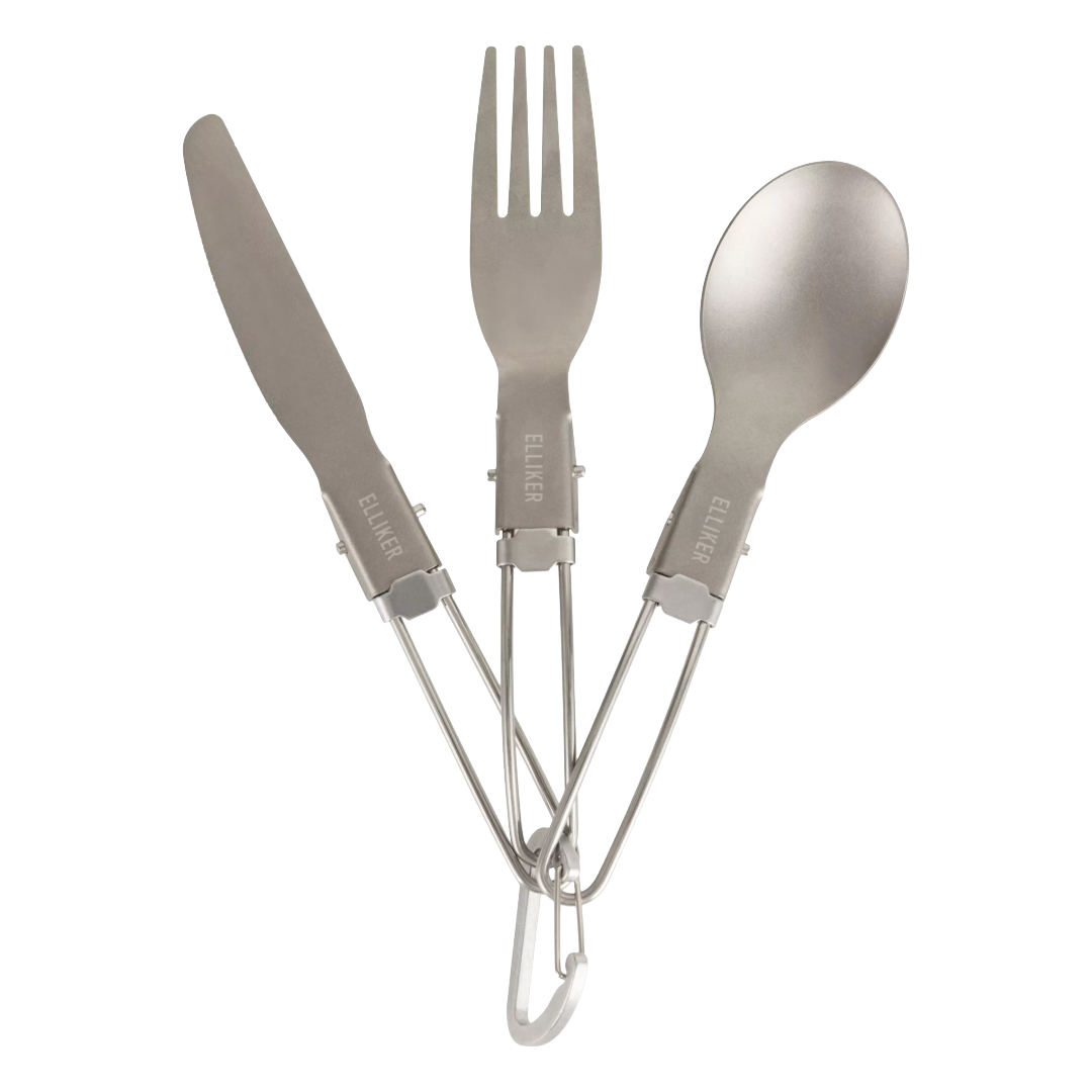 A three-piece stainless steel camping utensil set with a knife, fork, and spoon attached to a carabiner, shown on a plain white background.
