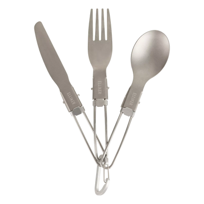 A three-piece stainless steel camping utensil set with a knife, fork, and spoon attached to a carabiner, shown on a plain white background.